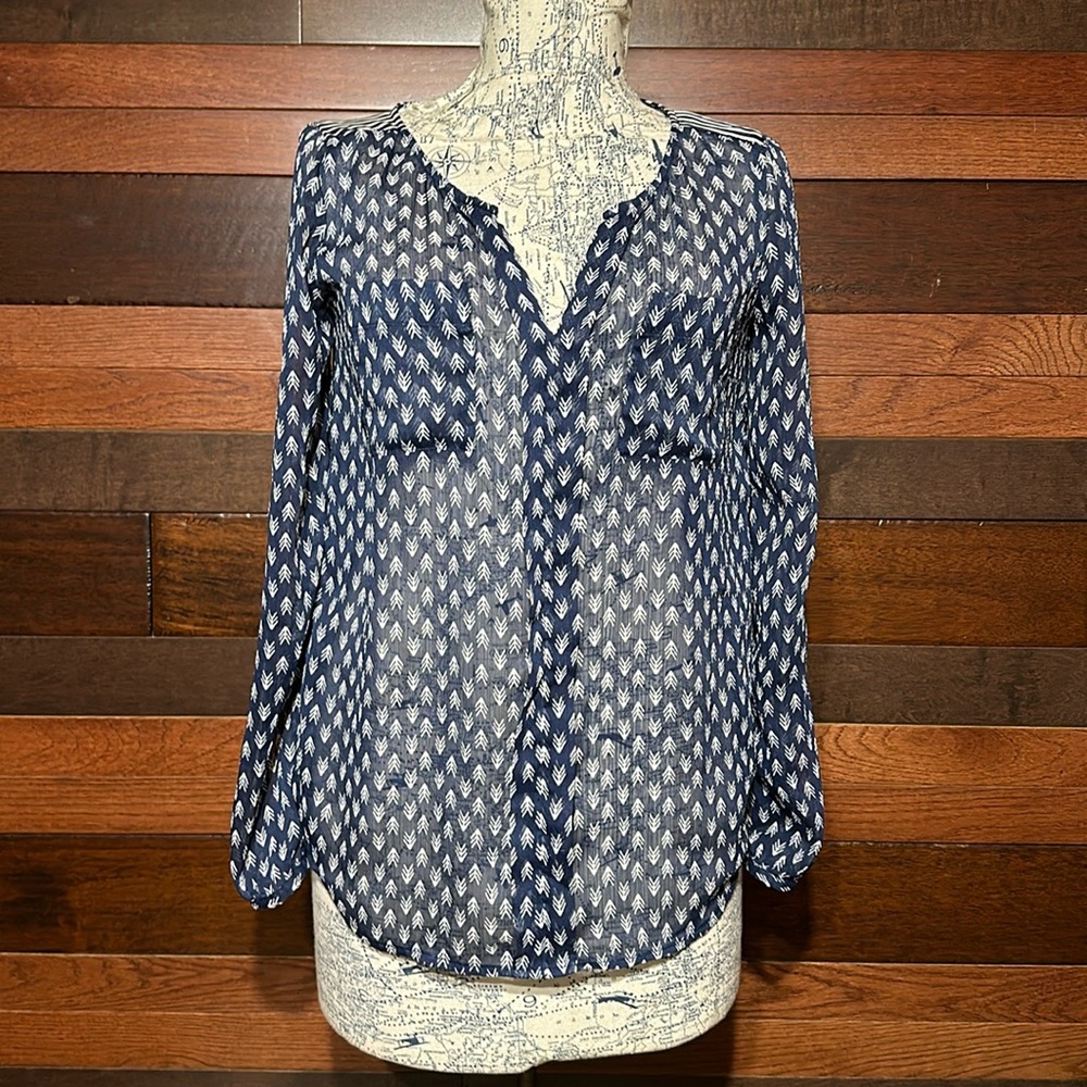Lucky Brand Deep V Neck Long Sleeve Sheer Navy Blue Blouse